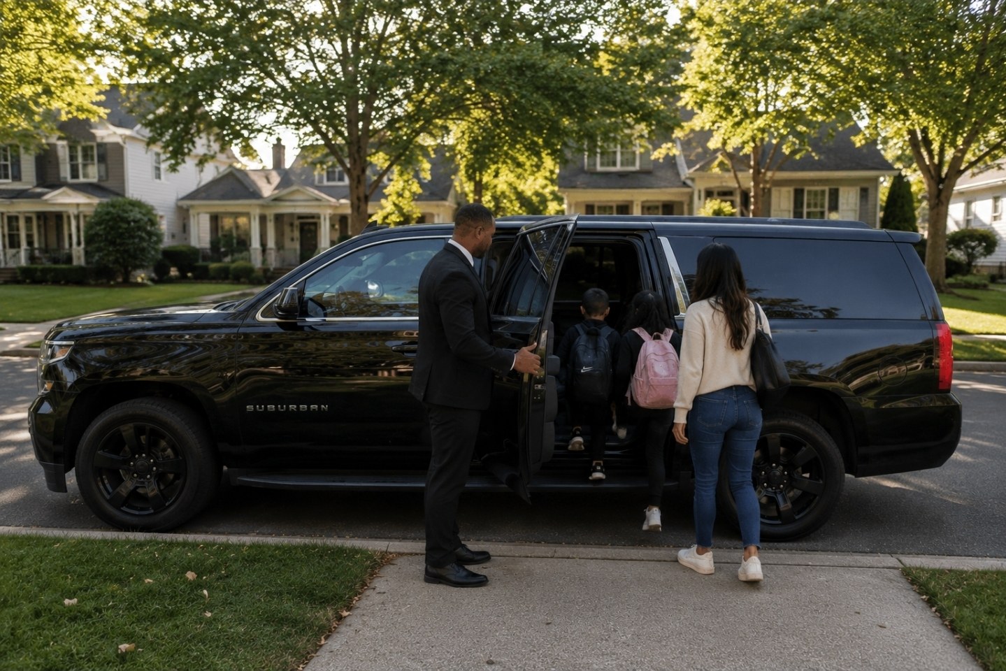 Family being picked up by a luxury black Chevy Suburban